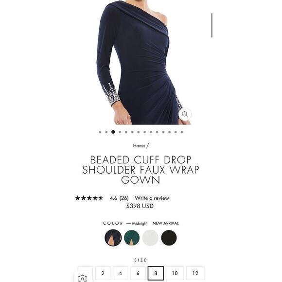 Mac Duggal Beaded Cuff Drop Shoulder Faux Wrap Gown Maxi Dress 8 Midnight Navy - Picture 13 of 15